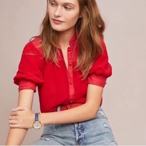 COPY - Maeve by Anthropologie Red Puff Short Sleeve Button Up blouse size 8